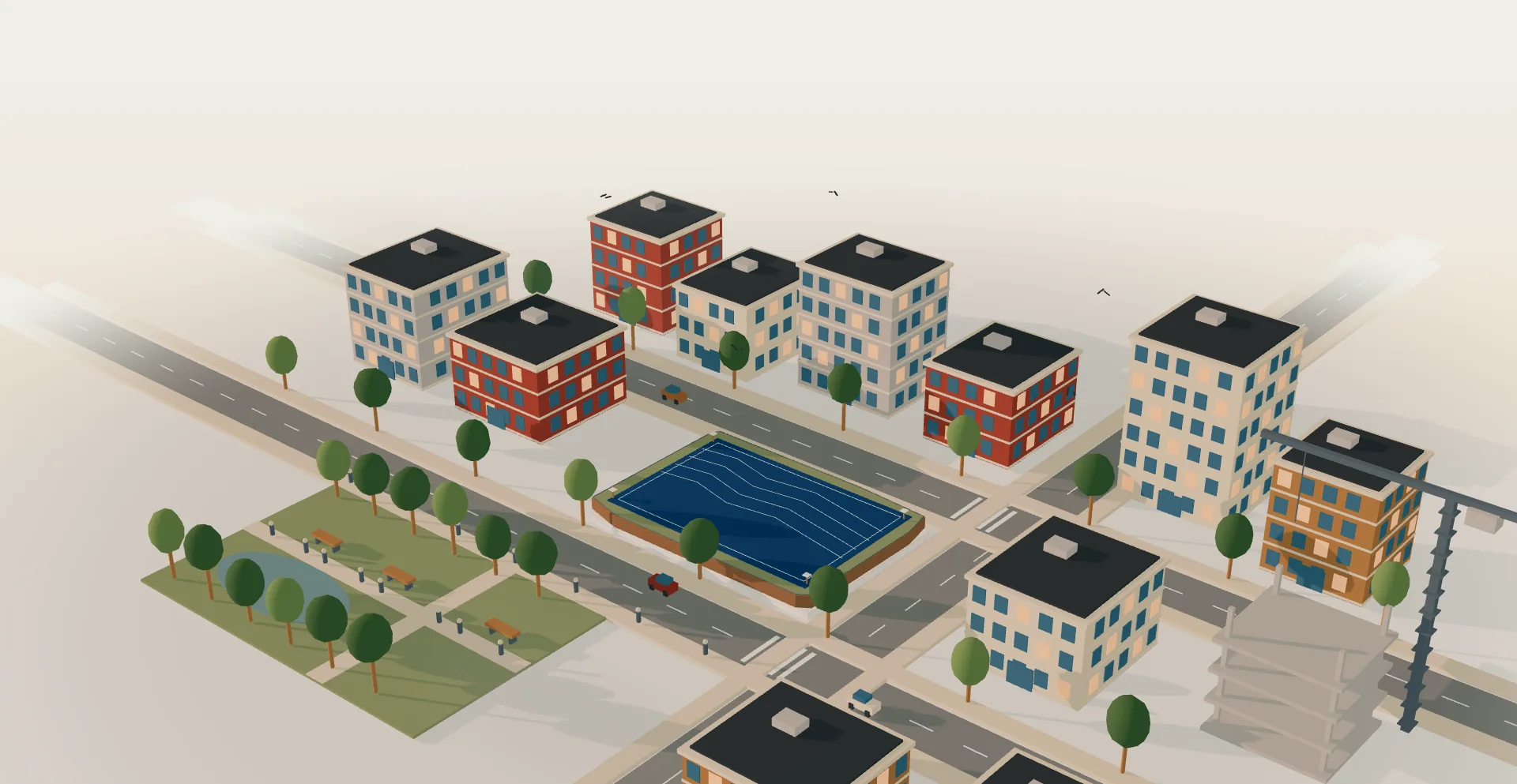 A model district of brick and stone apartment blocks, streets and a park, with one building going up beside a crane.
