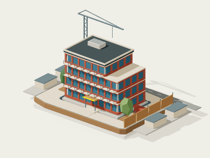 An architectural model with red brick, blue-gray windows, and green planting.